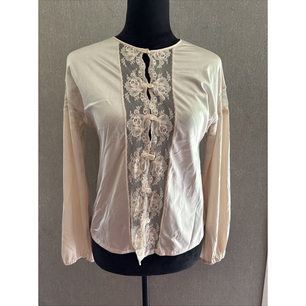 Vintage 70s Tom Bezduda for Bard Bed Jacket Cream Lace Inset Sheer Blouse